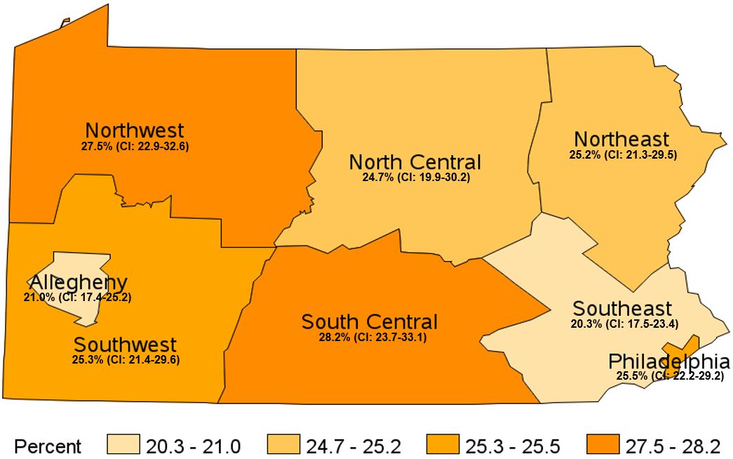 Participated in No Physical Activity in the Past Month, Pennsylvania Health Districts, 2018